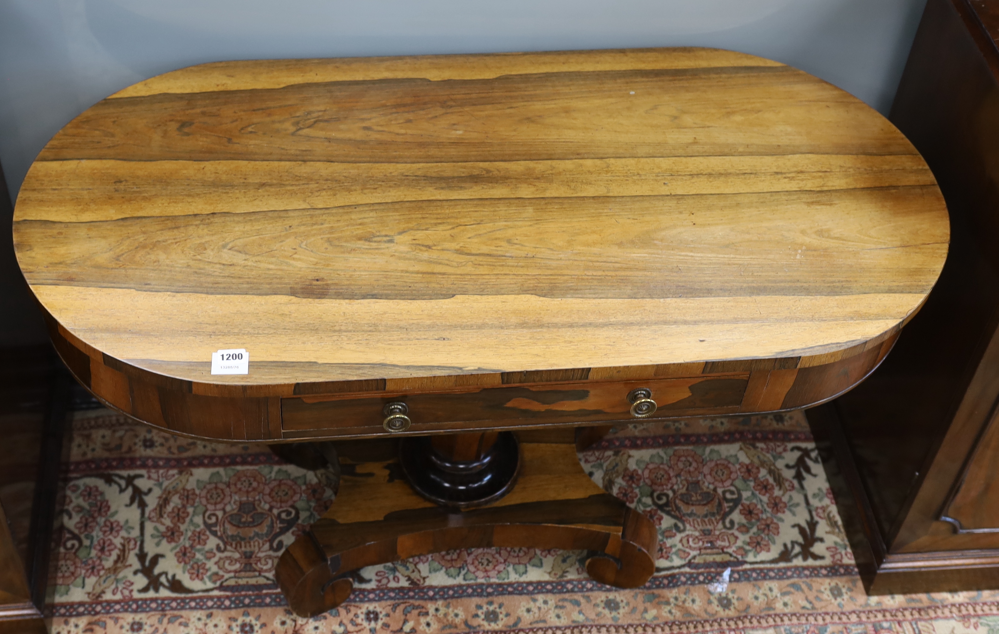 An early Victorian rosewood centre table, fitted with a single drawer, width 117cm, depth 58cm, height 68cm